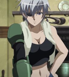 Rule 34 | 1girl, akame ga kill!, breasts, closed mouth, eyepatch, female focus, hand on own hip, large breasts, looking at viewer, single mechanical arm, najenda, navel, purple eyes, screencap, short hair, shorts, silver hair, standing, tomboy, towel