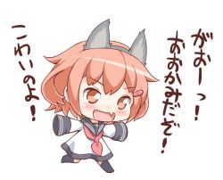 Rule 34 | 10s, 1girl, :d, aged down, animal ears, black legwear, brown eyes, brown hair, chibi, commentary request, dress, fake animal ears, fang, gale kawaii, hair ornament, hairclip, ikazuchi (kancolle), kantai collection, neckerchief, open mouth, sailor collar, sailor dress, short hair, simple background, skin fang, sleeves past wrists, smile, solo, translation request
