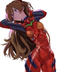 Rule 34 | 1girl, arms up, blue eyes, bodysuit, breasts, brown hair, curvy, evangelion: 3.0+1.0 thrice upon a time, evangelion: 3.0 you can (not) redo, hair between eyes, hair down, hand in own hair, highres, long hair, looking to the side, medium breasts, narrow waist, neon genesis evangelion, plugsuit, rebuild of evangelion, red bodysuit, shiny clothes, simple background, skin tight, skindentation, solo, souryuu asuka langley, standing, two side up, very long hair, white background, wide hips, yagisawa teru