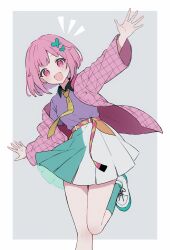Rule 34 | 1girl, absurdres, aqua skirt, aqua socks, arms at sides, blush, butterfly hair ornament, collared shirt, colorful, hair ornament, happy, highres, hrn ohana, jacket, looking at viewer, necktie, ootori emu, open mouth, pink eyes, pink hair, pink jacket, project sekai, purple shirt, shirt, shoes, short hair, sidelocks, skirt, smile, sneakers, socks, solo, standing, standing on one leg, striped belt, two-tone skirt, white footwear, white skirt, yellow necktie