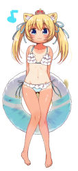 Rule 34 | 1girl, :3, animal ear fluff, animal ears, arms behind back, barefoot, bikini, blue eyes, blue ribbon, blush, cat ears, closed mouth, collarbone, commentary request, crown, flat chest, frilled bikini, frills, full body, hair ribbon, holding, holding swim ring, indie virtual youtuber, innertube, long hair, mini crown, musical note, navel, nm-chan, one-piece tan, red headwear, ribbon, simple background, solo, standing, stomach, striped bikini, striped clothes, swim ring, swimsuit, tan, tanline, tatsunokosso, twintails, virtual youtuber, white background, white bikini