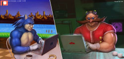 Rule 34 | 2boys, animal ears, artist name, bald, biceps, black-framed eyewear, black eyes, blue-tinted eyewear, blue hair, blue skin, blue sky, blurry, blurry background, buff guys typing on laptops (meme), chair, closed mouth, coffee, colored skin, computer, cup, doughnut, dr. eggman, drink, egg, eyewear on head, facial hair, food, furry, furry male, glasses, gloves, goggles, gradient sky, green-tinted eyewear, half-closed eyes, happy, indoors, laptop, lips, long hair, male focus, meme, mountainous horizon, multicolored skin, multiple boys, muscular, muscular male, mustache, on chair, outdoors, outside border, patreon logo, patreon username, pectorals, pince-nez, red shirt, rimless eyewear, ring (sonic), round eyewear, shirt, short sleeves, sitting, sky, smile, sonic (series), sonic the hedgehog, spiked hair, steam, sunglasses, table, teacup, tinted eyewear, totesfleisch8, two-tone skin, typing, upper body, veins, veiny arms, water, watermark, web address, white gloves
