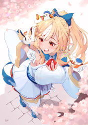 Rule 34 | 1girl, absurdres, animal, armpits, bird, bird on hand, blonde hair, blue footwear, blush, bow, bowtie, breasts, cherry blossoms, cleavage, cleavage cutout, clothing cutout, commentary, confetti, dark-skinned female, dark skin, detached collar, detached sleeves, dress, elf, elfriend (shiranui flare), full body, gloves, hair bow, half gloves, hands up, high heels, high ponytail, highres, holding, holding animal, hololive, imazakey, large breasts, long hair, long sleeves, looking at animal, multicolored hair, open mouth, pointy ears, red bow, red bowtie, red eyes, shiranui flare, shiranui flare (1st costume), shirt, skirt, skirt set, smile, solo, standing, streaked hair, teeth, thighhighs, upper teeth only, virtual youtuber, white gloves, white hair, white shirt, white skirt, white sleeves, white thighhighs, wide sleeves
