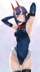 Rule 34 | 1girl, armpits, arms behind head, arms up, bare shoulders, black thighhighs, blue gloves, blue one-piece swimsuit, bob cut, bow, breasts, choker, cosplay, covered navel, cowboy shot, dead or alive, elbow gloves, fate/grand order, fate (series), frilled choker, frilled swimsuit, frilled thighhighs, frills, gloves, groin, head tilt, highleg, highleg swimsuit, highres, horns, light smile, looking at viewer, medium breasts, one-piece swimsuit, pointy ears, purple eyes, purple hair, red bow, short eyebrows, short hair, shuten douji (fate), sideboob, sidelocks, simple background, skin-covered horns, skin tight, solo, swimsuit, taino kou, thighhighs, thighs