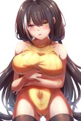 Rule 34 | 1girl, alternate costume, black hair, black thighhighs, blush, breasts, collarbone, covered navel, crossed arms, feet out of frame, girls&#039; frontline, heterochromia, highres, large breasts, leotard, long hair, looking at viewer, low twintails, multicolored hair, open mouth, red eyes, ribbed leotard, ro635 (girls&#039; frontline), solo, standing, sweater vest, thighhighs, twintails, white background, xlscaler, yellow eyes, yellow sweater vest