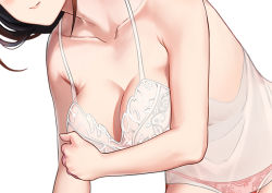Rule 34 | 1girl, arm across chest, babydoll, bad id, bad pixiv id, blush, breasts, brown hair, cleavage, collarbone, greem bang, large breasts, leaning forward, long hair, original, panties, pink panties, see-through, simple background, smile, solo, underwear, white babydoll, white background