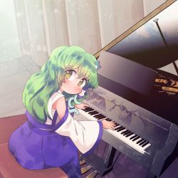 Rule 34 | 2girls, blonde hair, blue skirt, blue sky, cloud, commentary request, curtains, detached sleeves, different reflection, expressionless, floor, frog hair ornament, green hair, hair ornament, hair tubes, highres, indoors, ini (inunabe00), instrument, kochiya sanae, komeiji koishi, light particles, long hair, long skirt, looking at viewer, multiple girls, music, perspective, piano, playing instrument, playing piano, reflection, sarashi, sitting, skirt, sky, snake hair ornament, solo focus, touhou, very long hair, wide sleeves, yellow eyes, yellow pupils