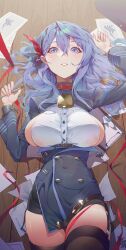 Rule 34 | 1girl, absurdres, ako (blue archive), bell, blue archive, blue eyes, blue hair, blush, breasts, collar, cowbell, hair between eyes, hairband, highres, holding, holding pen, large breasts, long hair, long sleeves, looking at viewer, lying, neck bell, ninebell, on back, pen, red ribbon, ribbon, sideboob, skirt, solo, thighhighs