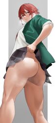 Rule 34 | 1girl, aizawa tomo, ass, black skirt, blush, closed mouth, clothes lift, embarrassed, from behind, from below, highres, jacket, lifting own clothes, looking at viewer, looking back, no panties, open clothes, open jacket, puckered lips, red eyes, red hair, revision, rinrin (user tvcf4347), school uniform, shirt lift, short hair, simple background, skirt, sleeves rolled up, solo, standing, steaming body, tomo-chan wa onna no ko, upskirt