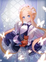 Rule 34 | 1girl, abigail williams (fate), abigail williams (festival outfit) (fate), apron, black skirt, blonde hair, blue eyes, bow, bug, butterfly, butterfly hair ornament, curtains, fate/grand order, fate (series), fuyouchu, hair ornament, heroic spirit chaldea park outfit, insect, long hair, looking at viewer, maid, maid apron, maid headdress, official alternate costume, orange bow, parted bangs, skirt, sleeves past fingers, sleeves past wrists, stuffed animal, stuffed toy, teddy bear, white bow, window