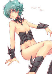 Rule 34 | 1boy, :o, arm guards, brooch, c-string, collarbone, detached collar, gem, green eyes, green hair, hair over one eye, jewelry, johan andersen, male focus, matching hair/eyes, navel, nipples, parted lips, revealing clothes, shin guards, short hair, solo, strapless bottom, tobi (one), white background, yu-gi-oh!, yu-gi-oh! gx