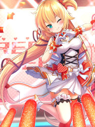 Rule 34 | 1girl, ;), akai haato, aqua eyes, asymmetrical legwear, bare shoulders, belt, blonde hair, blouse, blush, bodice, breasts, bridal garter, commentary, concert, cross-laced clothes, dancing, english commentary, frilled straps, frills, gloves, glowstick, hair between eyes, hair ornament, hair ribbon, heart, heart hair ornament, heart hands, high heels, highres, hololive, idol, idol clothes, knee up, large breasts, layered skirt, legwear garter, long hair, looking at viewer, low twintails, magowasabi, miniskirt, mixed-language commentary, nonstop story, official alternate costume, one eye closed, one side up, red ribbon, red thighhighs, ribbon, shirt, single legwear garter, single thighhigh, skirt, skirt set, sleeveless, smile, solo, stage, standing, standing on one leg, thigh strap, thighhighs, twintails, underbust, uneven legwear, very long hair, virtual youtuber, white gloves, white shirt
