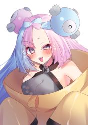 Rule 34 | 1girl, :d, bare shoulders, black coat, blue hair, blush, bow-shaped hair, breasts, coat, creatures (company), eyelashes, eyes visible through hair, game freak, gen 1 pokemon, gym leader, halterneck, heart, hexagon print, highres, iono (pokemon), light blue hair, long hair, long sleeves, looking at viewer, magnemite, magnet, medium breasts, multicolored coat, multicolored hair, nintendo, one-eyed, open mouth, pink eyes, pink hair, pokemon, pokemon (creature), pokemon sv, rip 1031, screw, sharp teeth, simple background, smile, teeth, two-tone coat, two-tone hair, uneven eyes, white background, yellow coat
