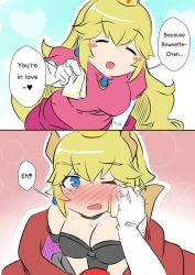 Rule 34 | 2girls, armlet, blue eyes, blush, bowsette, breasts, cleavage, collar, comic, crown, dress, earrings, english text, engrish text, full-face blush, jewelry, long hair, mario (series), multiple girls, new super mario bros. u deluxe, nintendo, princess peach, ranguage, sesield, super crown, tears