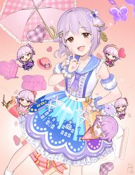 1girl, :d, absurdres, arm cuffs, bangs, bare shoulders, blush, bow, brown eyes, bug, butterfly, chair, chibi, chibi inset, collarbone, couch, crepe, dress, eyebrows visible through hair, feet out of frame, food, frilled shirt, frilled skirt, frills, furniture, hair bow, hair flaps, hair intakes, hair ornament, hairclip, hand on hip, hat, heart, highres, ice cream, ice cream cone, idolmaster, idolmaster cinderella girls, index finger raised, insect, koshimizu sachiko, light purple hair, looking at viewer, mini hat, multiple persona, muyad25, open mouth, pink background, pink dress, pink umbrella, pixel art, plaid umbrella, purple dress, sailor collar, shirt, short hair, signature, simple background, skirt, sleeveless, sleeveless shirt, smile, socks, suspender skirt, suspenders, umbrella, wrist cuffs
