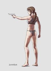 Rule 34 | 1girl, aiming, ass, azasuke, bare arms, bare legs, barefoot, black lagoon, bra, brown hair, clenched hands, closed mouth, contrapposto, dated, finger on trigger, from behind, from side, frown, full body, grey background, grey bra, grey panties, gun, highres, holding, holding gun, holding weapon, long hair, panties, ponytail, profile, revy (black lagoon), shoulder tattoo, simple background, solo, sports bra, tattoo, underwear, weapon