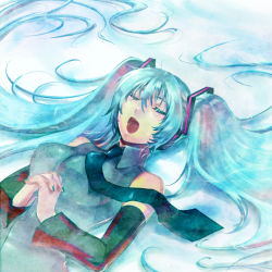Rule 34 | 1girl, aqua hair, bare shoulders, detached sleeves, closed eyes, hatsune miku, long hair, lying, necktie, open mouth, own hands clasped, own hands together, partially submerged, solo, tamachi kuwa, twintails, very long hair, vocaloid, water