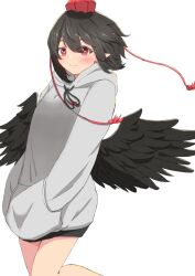 Rule 34 | 1girl, bare legs, bird wings, black hair, black ribbon, black wings, blush, bottomless, closed mouth, commentary request, feathered wings, hands in pockets, happy, hat, highres, hood, hood down, hoodie, looking at viewer, mizune (winter), neck ribbon, pointy ears, red eyes, red hat, ribbon, shameimaru aya, short hair, simple background, smile, solo, tassel, tokin hat, touhou, upper body, white background, white hoodie, wings
