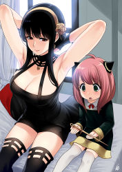 Rule 34 | 2girls, anya (spy x family), armpits, arms behind head, arms up, black hair, blush, breasts, child, cleavage, flat chest, green eyes, highres, large breasts, long hair, multiple girls, open mouth, pink hair, red eyes, sitting, smile, spy x family, tagme, xter, yor briar