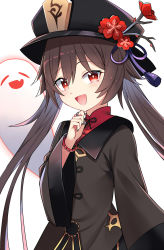 Rule 34 | 1girl, :d, black hat, black nails, blush, bracelet, bright pupils, brown hair, chinese clothes, e.o., flower, genshin impact, ghost, hand on own chin, hat, hat flower, hat ornament, highres, hu tao (genshin impact), jewelry, long hair, long sleeves, looking at viewer, nail polish, open mouth, red eyes, red flower, ring, simple background, smile, solo, tassel, twintails, upper body, white background