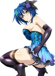 Rule 34 | 1girl, ass, black gloves, black ribbon, black thighhighs, blue dress, blue hair, blush, boots, breasts, closed mouth, dress, elbow gloves, embarrassed, female focus, garter straps, gloves, green hair, high heel boots, high heels, high school dxd, large breasts, looking at viewer, looking back, multicolored hair, panties, purple socks, ribbon, short hair, sideboob, simple background, skirt, sleeveless, socks, squatting, streaked hair, suspenders, thigh boots, thighhighs, underwear, white background, xenovia quarta, yellow eyes