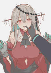 Rule 34 | 1girl, 1other, absurdres, arknights, black gloves, blue hair, breasts, commentary, detached sleeves, dress, english commentary, finger in another&#039;s mouth, gloves, grey background, grey gloves, grey hair, hands up, highres, long hair, long sleeves, looking at viewer, medium breasts, multicolored hair, out of frame, red dress, red eyes, red sleeves, simple background, skadi (arknights), sleeveless, sleeveless dress, two-tone hair, wawamachi (wawamachis), wide sleeves