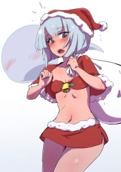 Rule 34 | 1girl, alternate costume, bandeau, bell, blue eyes, blush, bob cut, breasts, capelet, commentary request, cowboy shot, fur-trimmed capelet, fur-trimmed headwear, fur trim, ghost, grey hair, hat, holding, holding sack, konpaku youmu, konpaku youmu (ghost), looking at viewer, midriff, miniskirt, navel, notice lines, open mouth, red bandeau, red capelet, red hat, red skirt, sack, santa costume, santa hat, short hair, simple background, skirt, small breasts, solo, teeth, tongue, touhou, white background, yocchi (tenyunkel)