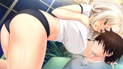 Rule 34 | 1girl, ass, bent over, blonde hair, blush, braid, breasts, buruma, couch, crop top, crown braid, embarrassed, game cg, green eyes, gym uniform, hair over eyes, hanging breasts, highres, indoors, kneeling, large breasts, legs, looking down, midriff, navel, night, nora to oujo to noraneko heart 2, nose blush, oozora itsuki, open mouth, original, plant, shachi yuri, sky, star (sky), starry sky, tank top, thighs, window, zipper