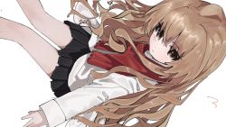 Rule 34 | 1girl, aisaka taiga, arms at sides, black skirt, brown eyes, brown hair, closed mouth, coat, donut 335, dutch angle, expressionless, from above, highres, long hair, long sleeves, looking at viewer, red scarf, scarf, sidelocks, simple background, sitting, skirt, solo, toradora!, very long hair, white background, white coat