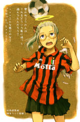 Rule 34 | 00s, 1girl, abe yoshitoshi, ac milan, ball, clothes writing, feathers, glasses, haibane renmei, halo, hikari (haibane), playing sports, purple eyes, skirt, soccer, soccer ball, solo, telstar, translation request, wings