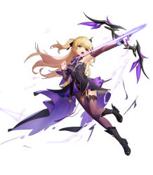 Rule 34 | 1girl, absurdres, arm up, armpits, arrow (projectile), black bow, black dress, black footwear, black gloves, blonde hair, boots, bow, bow (weapon), bowtie, breasts, detached sleeves, dress, electricity, eyepatch, fischl (genshin impact), full body, garter straps, genshin impact, gloves, green eyes, hair bow, highres, holding, holding bow (weapon), holding weapon, knee boots, long hair, long sleeves, medium breasts, one eye covered, open mouth, outstretched arm, purple bow, purple bowtie, purple thighhighs, simple background, single leg pantyhose, single thighhigh, solo, starlab, thighhighs, two side up, waist cape, weapon, white background