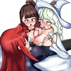 Rule 34 | 3girls, absurdres, blue eyes, blush, breasts, breasts out, brown eyes, brown hair, clothed sex, clothes, cooperative paizuri, diana cavendish, futa with female, futanari, highres, kagari atsuko, little witch academia, long hair, looking at viewer, lying, medium breasts, multicolored hair, multiple girls, nipples, open clothes, open mouth, paizuri, penis, red hair, saliva, saliva trail, t-mimi, tongue, tongue out, uncensored, ursula callistis