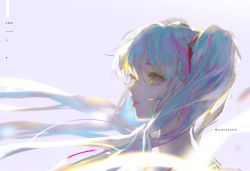 Rule 34 | 1girl, blue hair, closed mouth, floating hair, hair between eyes, hair ornament, hatsune miku, long hair, looking away, portrait, purple background, say hana, simple background, solo, twintails, twitter username, vocaloid, yellow eyes