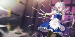 Rule 34 | 1girl, apron, between fingers, black pantyhose, blue skirt, bow, braid, chain, cibo (killy), cowboy shot, frilled apron, frills, gloves, green bow, grey hair, holding, holding knife, holster, izayoi sakuya, knife, knives between fingers, maid apron, maid headdress, motion blur, neck ribbon, pantyhose, petticoat, puffy short sleeves, puffy sleeves, red eyes, ribbon, short sleeves, side braids, skirt, solo, thigh holster, throwing knife, touhou, twin braids, waist apron, waist bow, weapon, white apron, white bow, white gloves, window