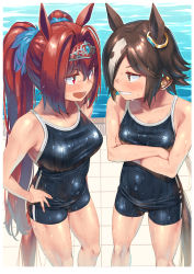Rule 34 | 2girls, animal ears, bare arms, black hair, black one-piece swimsuit, blue one-piece swimsuit, blush, breasts, brown eyes, brown hair, collarbone, competition school swimsuit, crossed arms, daiwa scarlet (umamusume), eye contact, fang, grin, hair between eyes, hair intakes, hair ornament, hair over one eye, hairclip, hand on own hip, highres, horse ears, horse girl, horse tail, large breasts, long hair, looking at another, medium breasts, multicolored hair, multiple girls, one-piece swimsuit, open mouth, ponytail, profile, red eyes, red hair, school swimsuit, shiden (sashimi no wife), short hair, shorts, small breasts, smile, standing, swimsuit, tail, teeth, tiara, twintails, two-tone hair, umamusume, very long hair, vodka (umamusume), water, wet, white hair