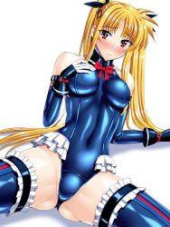 Rule 34 | 1girl, bare shoulders, blonde hair, blue one-piece swimsuit, blush, breasts, cosplay, covered erect nipples, dead or alive, dead or alive 5, elbow gloves, fate testarossa, gloves, hair ribbon, hand on own chest, highres, impossible clothes, leotard, long hair, looking at viewer, lyrical nanoha, mahou shoujo lyrical nanoha, marie rose, marie rose (cosplay), one-piece swimsuit, red eyes, ribbon, sen (sansui), sitting, skin tight, spread legs, swimsuit, thighhighs, twintails, very long hair, white background