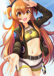 Rule 34 | 1girl, absurdres, animal ears, belt, blush, bomber jacket, breasts, cowboy, dog tags, ear ornament, hair between eyes, highres, horse ears, horse girl, horse tail, jacket, long hair, looking at viewer, mayano top gun (umamusume), midriff, navel, open clothes, open jacket, open mouth, orange eyes, orange hair, outdoors, outstretched arm, salute, shorts, shuten (shutehaan), sky, small breasts, smile, solo, tail, teeth, umamusume, upper body, upper teeth only, very long hair, western, white shorts