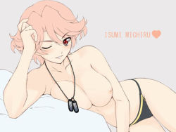 Rule 34 | 1girl, ;d, arm support, bed, black panties, blush, breast press, breasts, character name, cleavage, dog tags, dutch angle, female focus, flat color, grin, hair between eyes, hand on own head, heart, indoors, isumi michiru, jewelry, kimi ga ita kisetsu, large breasts, lowres, lying, miyata sou, necklace, nipples, official art, on side, one eye closed, open mouth, panties, panties only, parted bangs, pink hair, red eyes, short hair, simple background, smile, solo, topless, underwear, underwear only, wink