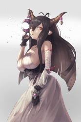 Rule 34 | 1girl, announ (kurotya), antenna hair, bandages, bandaged arm, bare shoulders, biting, black gloves, black hair, breasts, cleavage, crescent, danua, dress, fingerless gloves, gloves, granblue fantasy, grey background, hair between eyes, highres, horn ornament, horns, jewelry, large breasts, lips, long hair, looking at viewer, necklace, parted lips, pendant, red eyes, simple background, skirt hold, sleeveless, sleeveless dress, solo, standing, straight hair, strap gap, thumb biting, thumb to mouth, tsurime, underbust, very long hair, white dress, wrist guards