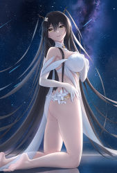 Rule 34 | 1girl, absurdres, arm between breasts, ass, azur lane, bare legs, bare shoulders, barefoot, between breasts, black hair, breasts, dress, elbow gloves, flower trim, gloves, hair between eyes, hand on own chest, highres, horns, indomitable (azur lane), kneeling, large breasts, long hair, looking at viewer, night, night sky, no panties, outdoors, parted lips, reflection, shigatsu (4gate), shooting star, sky, smile, solo, star (sky), starry sky, straight hair, very long hair, white dress, white gloves, yellow eyes