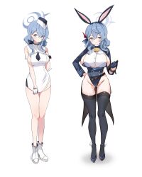 Rule 34 | 1girl, absurdres, ako (blue archive), animal ears, ash (cat7evy), bell, black bow, black bowtie, blue archive, blue hairband, bow, bowtie, breasts, commentary, detached collar, fake animal ears, gloves, hairband, half gloves, halo, highleg, highleg leotard, highres, large breasts, leotard, looking at viewer, neck bell, playboy bunny, rabbit ears, short hair, sideboob, strapless, strapless leotard, thighhighs