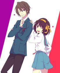 Rule 34 | 1boy, 1girl, :d, blazer, blue sailor collar, blue skirt, brown eyes, brown hair, brown pants, cocchi, commentary request, finger to own chin, green jacket, hair between eyes, hair ribbon, hairband, hand on another&#039;s shoulder, jacket, kita high school uniform, koizumi itsuki, long sleeves, multicolored background, one eye closed, open mouth, pants, pocket, purple background, red background, ribbon, sailor collar, school uniform, serafuku, shirt, short hair, skirt, smile, solo, star (symbol), suzumiya haruhi, suzumiya haruhi no yuuutsu, teeth, upper teeth only, white background, white shirt, yellow hairband