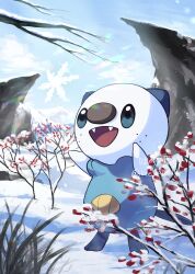 Rule 34 | :d, absurdres, commentary, creatures (company), day, fangs, game freak, gen 5 pokemon, highres, kienai 11, looking up, nintendo, no humans, open mouth, oshawott, outdoors, pokemon, pokemon (creature), sky, smile, snow, snowflakes, solo, standing, tongue, twitter username, watermark