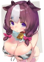 Rule 34 | 1girl, animal print, bell, neck bell, bikini, blush, bow, braid, breasts, cleavage, collar, cow girl, cow horns, cow print, cowbell, front-tie top, hair bow, highres, horns, huge breasts, large breasts, medium hair, multicolored hair, nonco, original, pink bow, puckered lips, purple eyes, purple hair, solo, streaked hair, sweatdrop, swimsuit, thick eyebrows, twintails, white hair