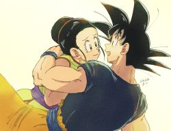 Rule 34 | 1boy, 1girl, arm around shoulder, black hair, black shirt, chi-chi (dragon ball), chi (cmon 57), commentary request, dragon ball, dragonball z, girl on top, hetero, husband and wife, looking at another, muscular, muscular male, open mouth, saiyan, shirt, simple background, smile, son goku, spiked hair, tears, white background