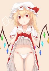 Rule 34 | 1girl, ?, beige background, blonde hair, blush, bow, clothes lift, collarbone, commentary request, cowboy shot, crystal, flandre scarlet, frilled shirt collar, frills, gluteal fold, groin, hair between eyes, hat, hat bow, highres, lifted by self, long hair, looking at viewer, miyo (ranthath), mob cap, navel, one side up, panties, parted lips, petticoat, puffy short sleeves, puffy sleeves, red bow, red eyes, red skirt, red vest, shirt, short sleeves, simple background, skirt, skirt lift, solo, spoken question mark, standing, stomach, thighs, touhou, underwear, vest, white hat, white panties, white shirt, wings