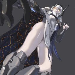 Rule 34 | 1girl, absurdres, arm up, armor, armored boots, ass, boots, breasts, cloak, feet out of frame, from below, goddess of victory: nikke, grey background, headgear, highres, long hair, looking afar, mechanical arms, medium breasts, open hand, pointing, pointing up, shoulder armor, simple background, single mechanical arm, snow white (nikke), solo, thenami, thighs, visor (armor), white cloak, white hair, yellow eyes