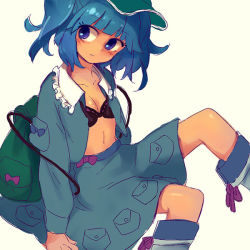 Rule 34 | 1girl, backpack, bad id, bad pixiv id, bag, black bra, blue eyes, blue hair, bra, breasts, cleavage, expressionless, female focus, hat, kawashiro nitori, kogiso, lingerie, matching hair/eyes, open clothes, open shirt, randoseru, shirt, short hair, sitting, skirt, small breasts, solo, touhou, twintails, two side up, underwear