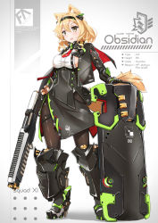 Rule 34 | 1girl, animal ears, armored boots, black gloves, black pantyhose, blonde hair, blush, boots, breasts, cat ears, cat tail, english text, fatkewell, gloves, gun, hair between eyes, headgear, holding, holding gun, holding weapon, looking at viewer, medium breasts, open mouth, original, pantyhose, shield, short hair, shotgun, sideboob, solo, standing, tail, weapon, yellow eyes