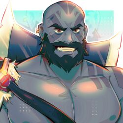Rule 34 | 1boy, absurdres, artist request, axe, bald, bara, bare pectorals, battle axe, beard, blue skin, chest harness, colored skin, critical role, dungeons & dragons, dungeons &amp; dragons, facial hair, grin, grog strongjaw, harness, head tattoo, highres, large pectorals, looking at viewer, male focus, mature male, muscular, muscular male, mustache, nipples, pectorals, portrait, shoulder tattoo, smile, solo, tattoo, the legend of vox machina, thick eyebrows, weapon, weapon behind back